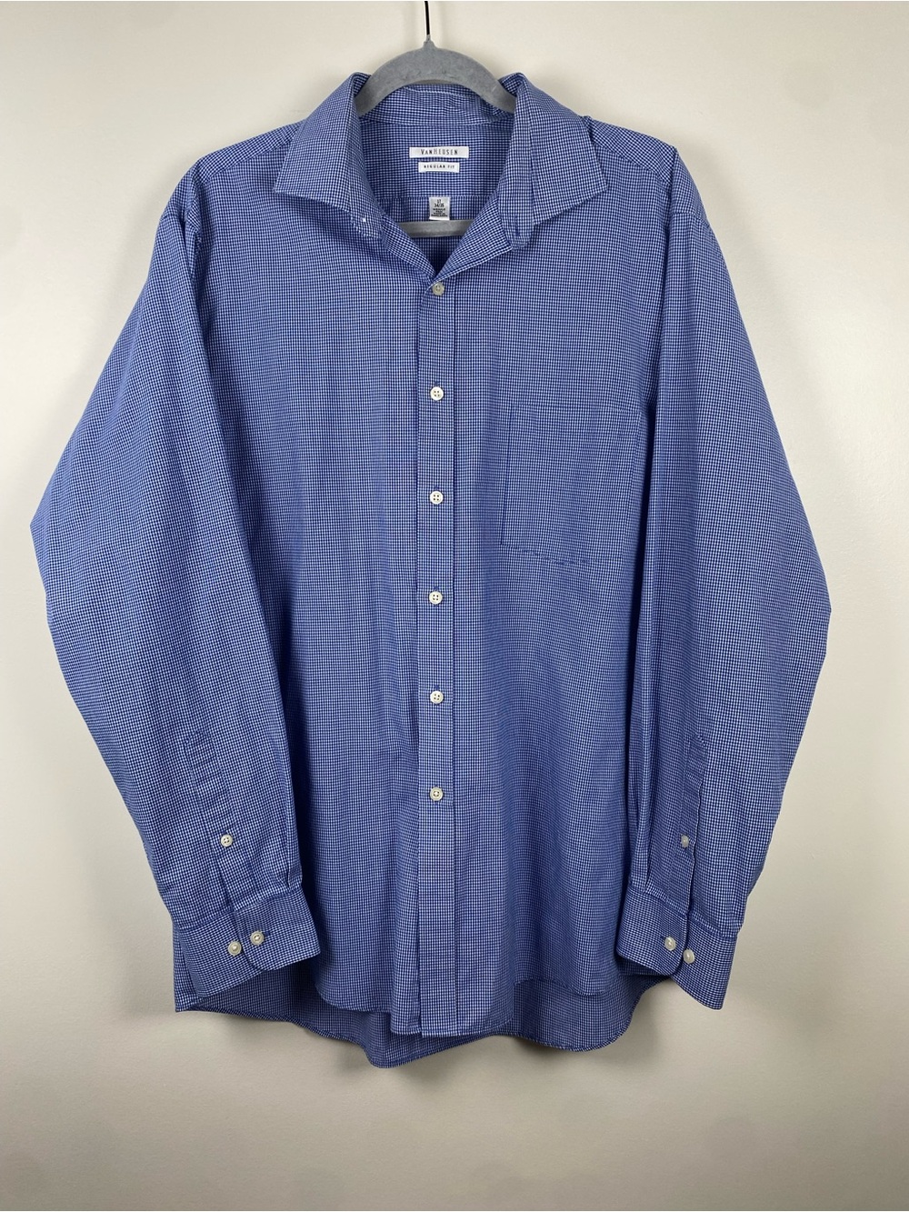 Van Heusen Men's Blue Micro-Check Dress Shirt 17 34/35